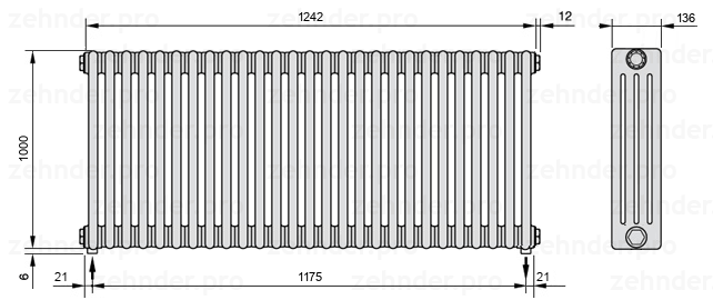 Схема (чертеж) Радиатор Zehnder Charleston 4100/27 №5310 Белый глянцевый RAL 9016